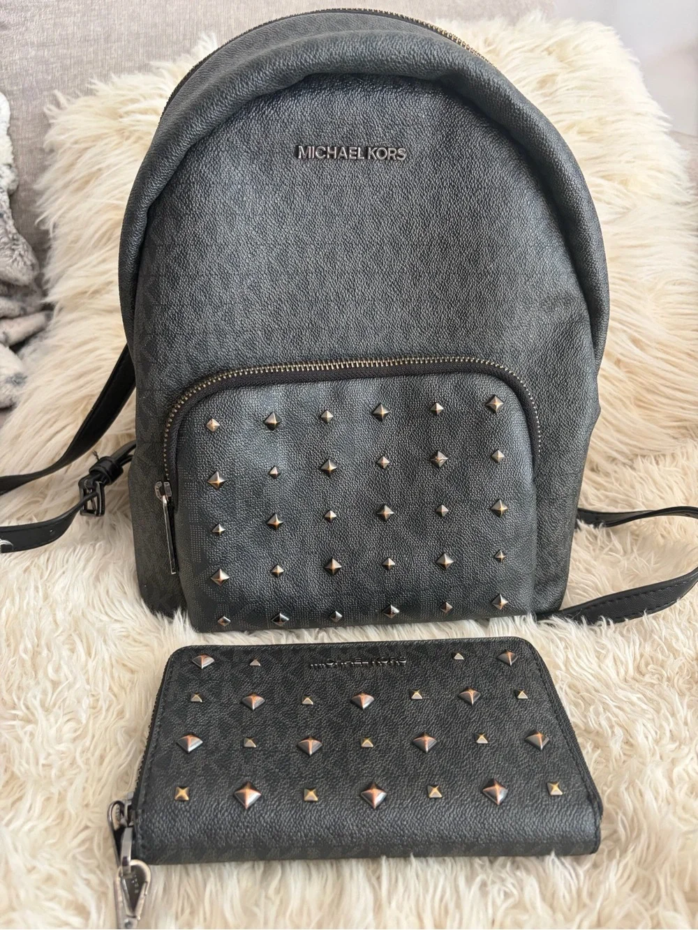 Michael Kors Black Gray Studded Backpack with Matching Wallet